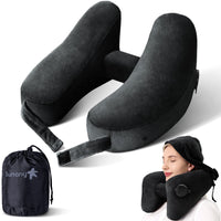 1 x RAW Customer Returns Sunany Neck Pillow Inflatable Travel Pillow Comfortably Supports Head, Neck and Chin, Airplane Pillow with Soft Velor Cover, Hat, Portable Drawstring Black  - RRP €28.99