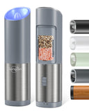 1 x RAW Customer Returns Sangcon Salt and Pepper Mill Electric Set, Automatic Gravity Sensor, Ceramic Grinder, Grinding Degree Adjustable Fine to Coarse, LED Light, Battery Operated, Spice Mills, Stainless Steel Set Blue Gray  - RRP €16.81