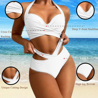 1 x RAW Customer Returns Baynetin Women s Two-Piece Swimsuit Summer Adjustable Halter Triangle Bikini Briefs High Waist Swimwear Women s Swimsuit Deep V with Design White, S  - RRP €27.99