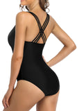 1 x Brand New SHEKINI Women s One-Piece Swimsuit Deep V Neck Retro Mesh Design Swimwear Backless Slim Cross Straps Sports One-Piece Swimsuit for Women M, Black  - RRP €28.76