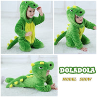 1 x RAW Customer Returns Doladola Baby Romper with Hood Flannel Winter Jumpsuit Costumes for Baby Boys Girls Cartoon Pajamas 12-18 Months, Green Dinosaur  - RRP €25.94