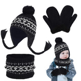 1 x Brand New Kids Warm Hat Scarf and Warm Gloves, Winter Knitted Beanies with Pompom, Glove, Neck Warmer 3 in 1 Winter Outdoor Hat for Girls Boys Ages 3-8 Black  - RRP €22.8