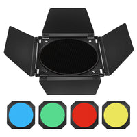 1 x RAW Customer Returns Godox BD-04 Barn Door metal barn door and honeycomb grille and 4 colored gel filters, compatible with standard reflectors Bowens Mount Compatible GODOX LED NEEWER Amaran Aputure LED Video Light - RRP €35.28