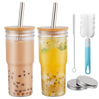 1 x RAW Customer Returns RHtvrll Pack of 2 Glasses with Lid and Straw, 22 Oz Bubble Tea Cups Reusable Mason Jar Drinking Glasses for Juice, Bubble Tea, Beer, Smoothie Drinking - RRP €16.49