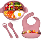 1 x RAW Customer Returns Domueay Children s Silicone Plate Set Baby Food Set for Toddlers, 4 Pieces Baby Silicone Tableware Set with Non-Slip Plates, Children s Spoon and Fork, Adjustable Silicone Bib for Dishwasher Safe Pink  - RRP €18.6