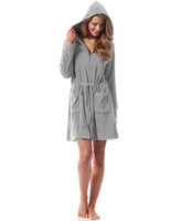 1 x RAW Customer Returns Morgenstern Women s Thin Bathrobe with Zip and Hood Gray Sauna Gown M Cotton Women s Soft Terry Cloth Zip Short Lightweight - RRP €40.28