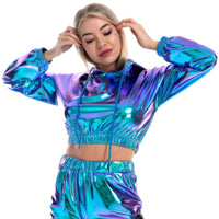 1 x RAW Customer Returns IMEKIS Women s Shiny Metallic Long Sleeve Hooded Sweatshirts Crop Top Wetlook Casual Pullover with Drawstring Holographic Hip Hop Nightclub Performance Dancewear Laser Blue S - RRP €28.38