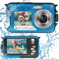 1 x RAW Customer Returns waterproof camera Full HD 2.7K 48MP underwater camera for snorkeling Dual Screen waterproof digital camera with self-timer and 16X digital zoom Blue - RRP €78.67