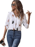 1 x RAW Customer Returns GORGLITTER Elegant blouse women s V-neck blouse blouse shirt 3 4 sleeve elegant blouse with buttons three-quarter sleeve top with feathers white M - RRP €30.99