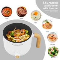 1 x RAW Customer Returns Audecook Electric Hot Pot with Steamer, 1.5L Portable Mini Non-Stick Electric Pot, Dual Control Multifunctional Electric Frying Pan for Pasta Soup Eggs Steak Black  - RRP €39.31