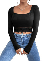 1 x RAW Customer Returns GORGLITTER Women s Crop T-Shirts Crop Tops Long Sleeve Tops with Lace Insert Slim Crop Shirt Long Sleeve Autumn Shirt Pullover Black S - RRP €24.19