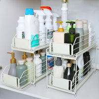 1 x RAW Customer Returns Under Sink Shelf, 2 Tier Kitchen Cabinet Organizer with Stainless Steel Tube, Sink Cabinet, Under Cabinet Organizers and Storage with 2 Basket Pull-Outs, Extendable, Cabinet Baskets for Kitchen White  - RRP €48.18