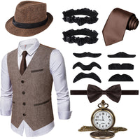 1 x RAW Customer Returns Ulikey 20s Men s Accessories, 1920s Mafia Costume Men s Set, 1920s Men s Costume Accessories with Vests Various Accessories for Halloween, Carnival Costume Brown, XXL  - RRP €42.35