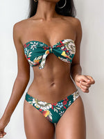 1 x RAW Customer Returns ZAFUL Women s Bandeau Off Shoulder Bikini Set Sexy Beachwear with Floral Print Knot Green, M  - RRP €36.99