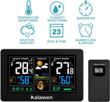 1 x RAW Customer Returns Kalawen weather stations indoor and outdoor temperature radio with weather forecast, , radio weather station DCF radio clock Weather Stations battery operation and mains operation Black - RRP €48.08