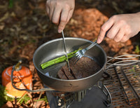 1 x RAW Customer Returns iBasingo 1000ml Titanium Frying Pan Camping Pan with Folding Handles Lid 19cm Outdoor Lightweight Portable Grill Plate Hiking Plate Bowl Kitchen Tableware Cooking Set Cookware for Fried Egg Steak Ti2065C - RRP €48.38