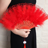 1 x RAW Customer Returns Vintage Style Folding Dance Fan with Lace Tassels Cheongsam Double Side Feather Party Cosplay Costume, Red - RRP €22.8