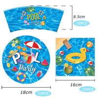 3 x Brand New SUNSK Party Tableware Set Swimming Pool Party Party Tableware Set Birthday Tableware Kit Swim Ring Beach Paper Cups Paper Plates Napkins Party Accessories Paper Plate Set for Hawaii Party 40 Pieces - RRP €61.2