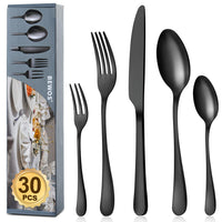 1 x RAW Customer Returns BEWOS cutlery set for 6 people, 30-piece black matt cutlery set including knife, fork, spoon, stainless steel cutlery, dishwasher safe - RRP €34.99