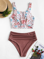 1 x RAW Customer Returns ZAFUL Two Piece Bikini Set, Knotted Top Tankini with Floral Print Sexy Beachwear Summer M, Floral Maroon  - RRP €39.99