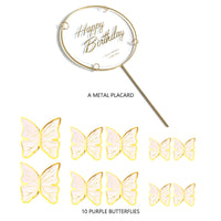 27 x Brand New Gold Metal Butterfly and Happy Birthday Cake Toppers, Birthday Cake Decorations, Party Decorations, White Gold, 11 Pieces - RRP €226.53