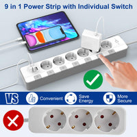 1 x RAW Customer Returns Power strip surge protection 4000W 16A , KEPLUG multiple socket power strip with 3 USB, power strip individually switchable wall mounting child safety lock, socket with USB 2 m cable 6AC  - RRP €32.99