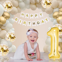 1 x Brand New QIUQI 1st Birthday Decoration Beige, 1 Year Decoration Birthday, Decoration 1st Birthday Baby, White Gold Beige Balloon and HAPPY BIRTHDAY Banner for Baby Shower Decoration - RRP €15.02