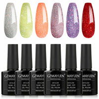 24 x Brand New GZMAYUEN Shellac Glitter, UV Nail Polish Glitter Silver Yellow Orange Red Purple UV Shellac Glitter, 6 Color Glitter Gel for Gel Nails 10ML - RRP €432.0