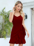 1 x RAW Customer Returns Missufe Wrap Dress Bodycon Elegant Spaghetti Straps Party Dress Women Cocktail Dress Mini Dress Strap Dress V Neck Short Ruffle Dress Wine Red, S  - RRP €28.22