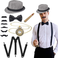 1 x RAW Customer Returns YeahBoom Men s 20s Mafia Costume Set, Gatsby Costume Set, Includes Adjustable Elastic Panama Hat, Men s Suspenders, Bow Tie and Vintage Pocket Watch - RRP €15.73