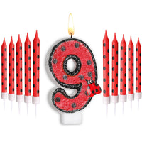 2 x Brand New Herdear 2.8 Inch Ladybug Theme Birthday Candles with Numbers 1-9 1 Number Candle and 10 Long Thin Candles for Cake Kids Boys Baby Shower Party Decorations Number 9  - RRP €45.6