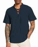 1 x RAW Customer Returns LUYANA Men s Linen Shirt Short Sleeve Shirt Summer Casual Henley Shirts Lace-up Shirt Navy XL - RRP €22.49