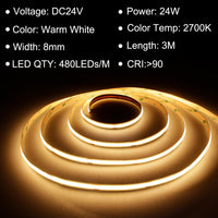 1 x RAW Customer Returns TTWAY 3M COB LED Strip, 2700K LED Strip with Power Supply and Remote Control, DC24V, 480LEDs M, CRI 90 , 8mm width, 3 meters Warm White LED Strip for Bedroom Decoration - RRP €25.91