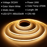 1 x RAW Customer Returns TTWAY COB LED Strip 3M, 2700K Warm White LED Strip with Power Supply and Remote Control, DC24V, 480LEDs M, CRI 90 , 8mm Width, Dimmable Light Strips for Bedroom Decoration - RRP €23.18