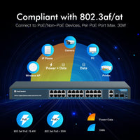 1 x RAW Customer Returns YuanLey 28-Port Gigabit PoE Switch with 24 Ports PoE at 400W, 2 Gigabit Uplink Ports, 2 SFP, Rugged Metal for Desktop Rack Mount, AI Watchdog, VLAN, Plug and Play, Unmanaged - RRP €201.28