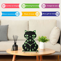 1 x RAW Customer Returns Plumeet Kids Wall Clock with Light Up Cat for Bedroom, Desk Clock for Children s Room, Silent Wooden Clock, Battery Operated - RRP €19.99