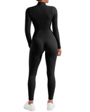 1 x RAW Customer Returns RXRXCOCO Ribbed Long Sleeve Jumpsuits Women with Zipper Tight Round Neck One Piece Tummy Control Sports Yoga Overall Romper Black XL - RRP €31.25