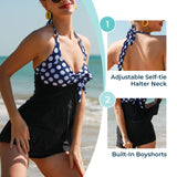 3 x Brand New Women s Swimsuit Halter One Piece Tankini with Shorts Push Up Printed Blue Dots Black XL - RRP €114.66