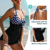 1 x Brand New Women s Swimsuit Halter One Piece Tankini with Shorts Push Up Printed Blue Dots Black XL - RRP €38.22