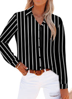 1 x RAW Customer Returns CZIMOO Women s Casual Long Sleeve Button Up Shirt Women s Elegant Button Up V-Neck Striped Shirt Top Black L - RRP €29.99