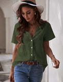 1 x RAW Customer Returns PASUDA Women s Summer Shirt Women s Blouse Short Sleeve Elegant Cotton Blouse V-Neck T-Shirt Top with Buttons Casual Fashion T Shirt Solid Color Classic Knitted Tees Green, S  - RRP €35.99