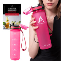 2 x Brand New AROGUN 1 liter drinking bottle with time marking I Leak-proof I BPA free I Water bottle with time as drinking reminder and fruit filter I Sports bottle with motivation I Pink - RRP €39.72