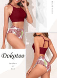 1 x RAW Customer Returns Dokotoo Women s Floral Pattern High Waisted Swimwear Two Piece Swimsuit Swimsuit Red A., M - RRP €32.99