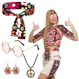 3 x Brand New Fiada 4 Piece Hippie Accessories Hippie Costume Set 60s 70s Ladies Retro Accessories with Hair Accessories Coloured Ribbon Sunglasses Peace Sign Necklace for Disco Party Nightclub - RRP €57.6