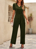 2 x RAW Customer Returns Dokotoo Women Elegant Short Sleeve Long V Neck Casual Jumpsuit Size S-2XL Green S - RRP €48.0