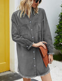 1 x RAW Customer Returns Zilcremo women s V-neck blouse dress shirt dress denim dresses long sleeve button down shirt dress tunic dresses top grey M - RRP €39.99