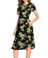 1 x Brand New DEARCASE Women s Summer Dress Casual Short Sleeve Chic Floral Print Dresses Round Neck Mid-Length Elegant Pleated with Pockets - RRP €22.8