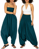 1 x RAW Customer Returns Jumpsuit women summer - versatile 2-in-1 one-piece made of cotton - overall turns into harem pants when pulled down - with long legs, pockets elastic cuffs at the waist and ankles Green Blue - RRP €32.59