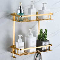 1 x RAW Customer Returns Shower shelf without drilling, square shower shelf bathroom shelf for shampoo and shower gel holder bathroom wall shelf organizer with 2 hooks 2 layers, champagne gold  - RRP €25.99