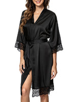 1 x RAW Customer Returns Tuopuda Women s Bathrobe, Satin Kimono Dressing Gown Summer, Lace Nightgown with Pockets, Short Robe with Belt, Floral Lace Nightwear Sleepwear for Party, Wedding, Bride, Bridesmaids, Black, S - RRP €22.99